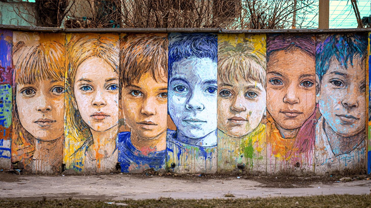 Graffitis mit Porträte von Jungen und Mädchen in bunten Farben